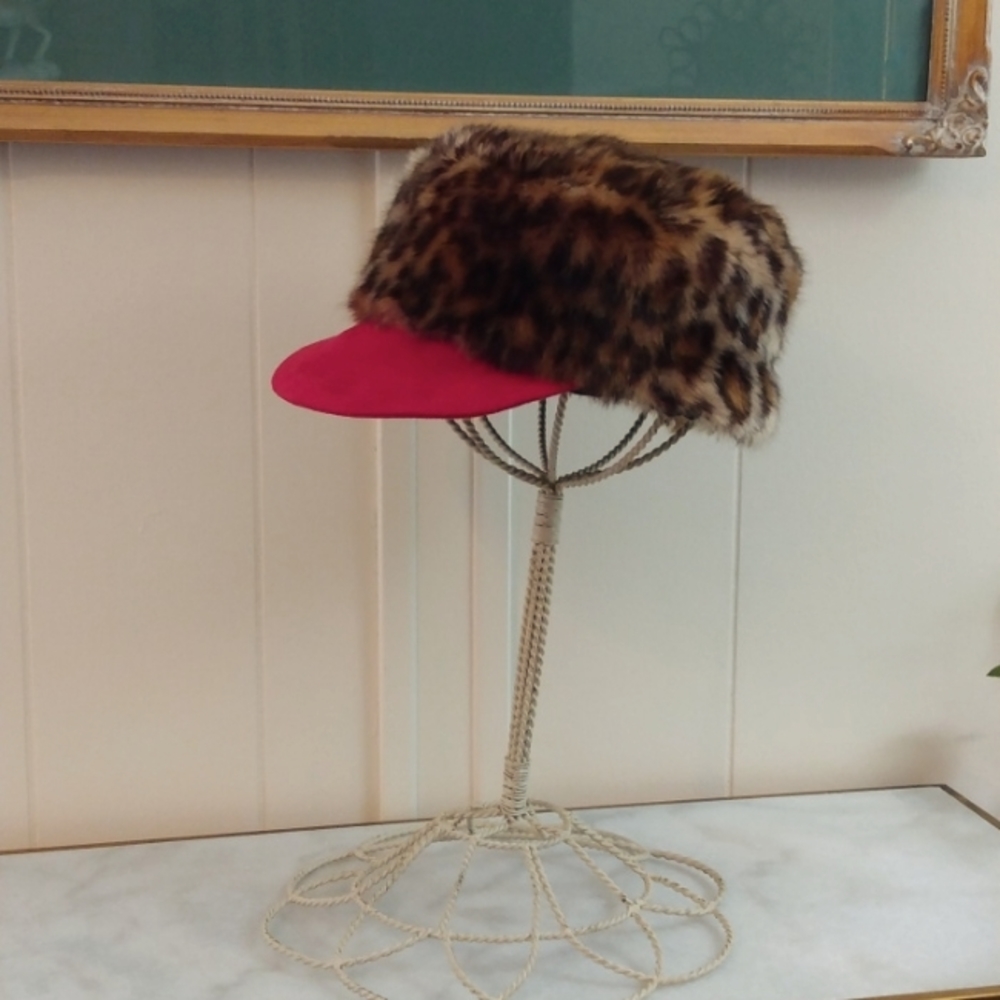 Custom Made Faux Fur Leopard Cap w/ Red Bill